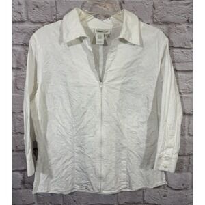 Coldwater Creek Top L White 100% Cotton Allover Floral Embroidered Zip Front
